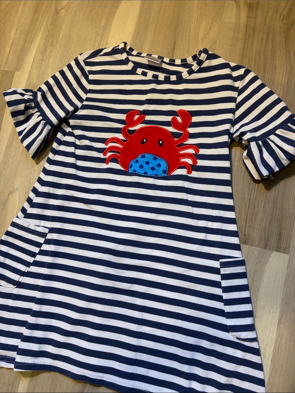 Girls Navy & White Striped Dress with Red Crab Appliqué - fits as a 7-8